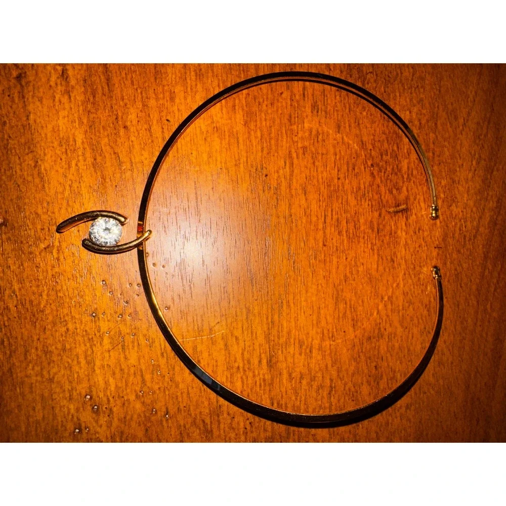 Gold Tone Torque Collar Choker Necklace with Swirl Crystal Slider‎ Pendant